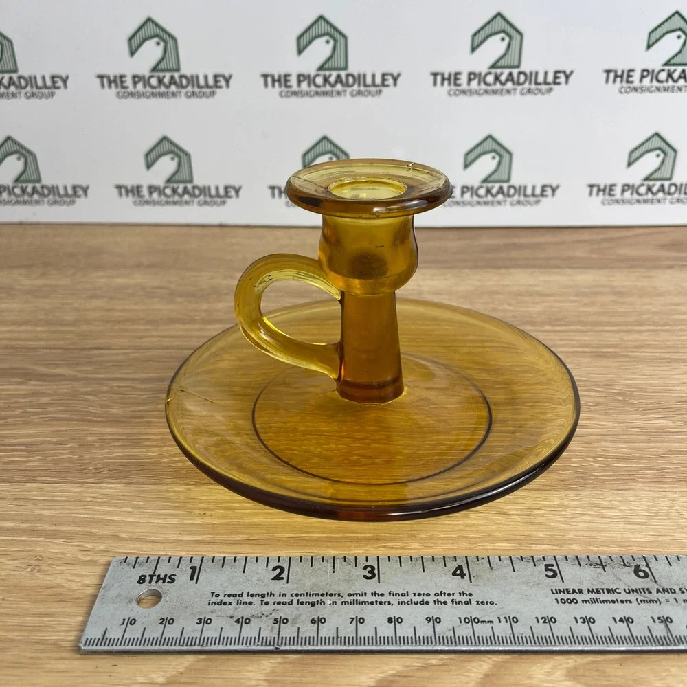 Amber Glass Chamberstick Candle Holder Finger Loop Saucer Base Vintage